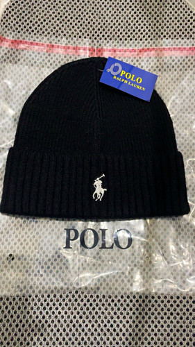 Black knit beanie hat polo - knit,